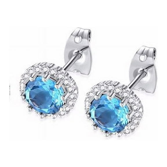 18k White Gold 0.5 Ct Created Blue Topaz Stud Earrings Women Plated by Paris Jewelry