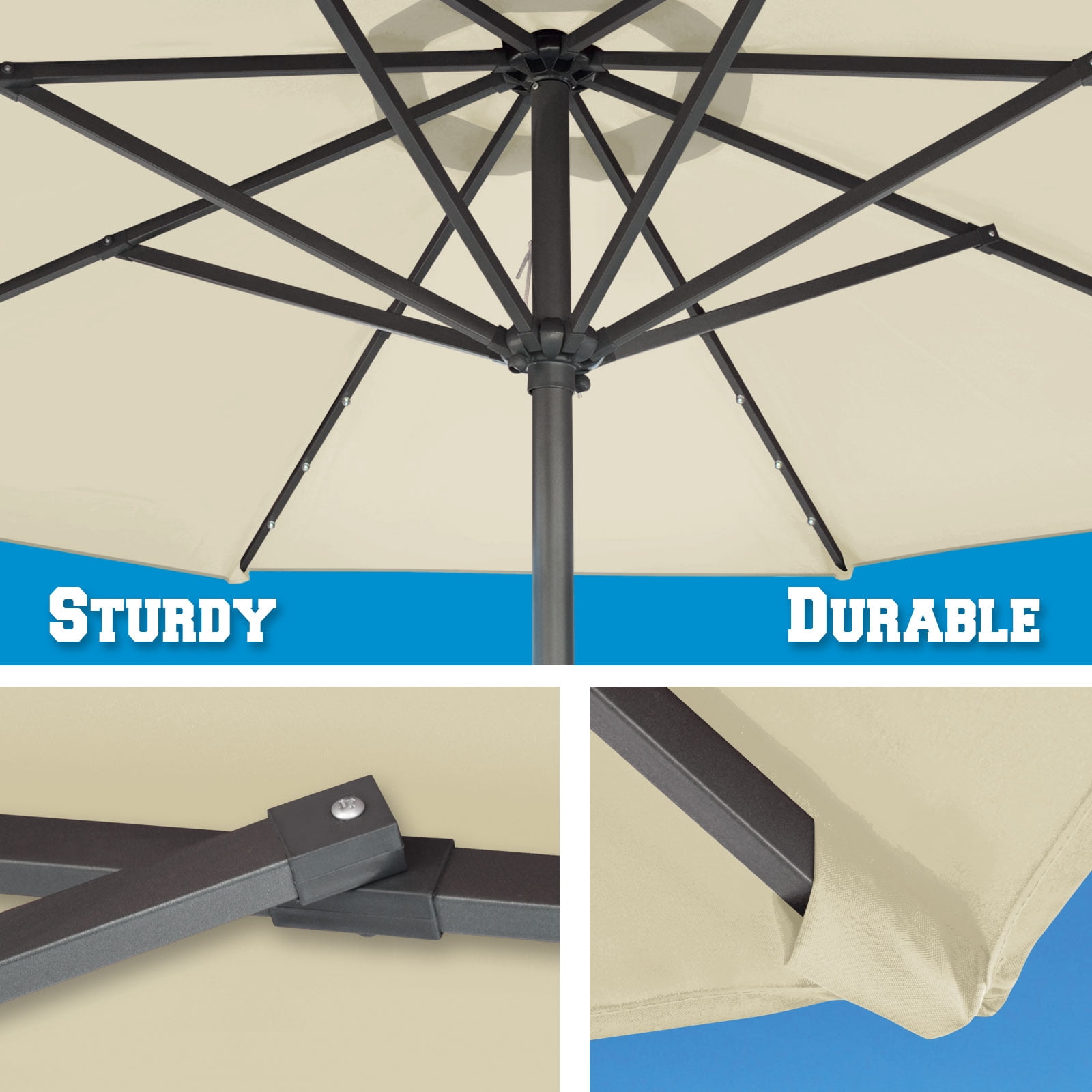 Sunny 9' Aluminum Solar Powered Patio Umbrella 24 LED Light Parasol Sunshade with Crank (Ecru)