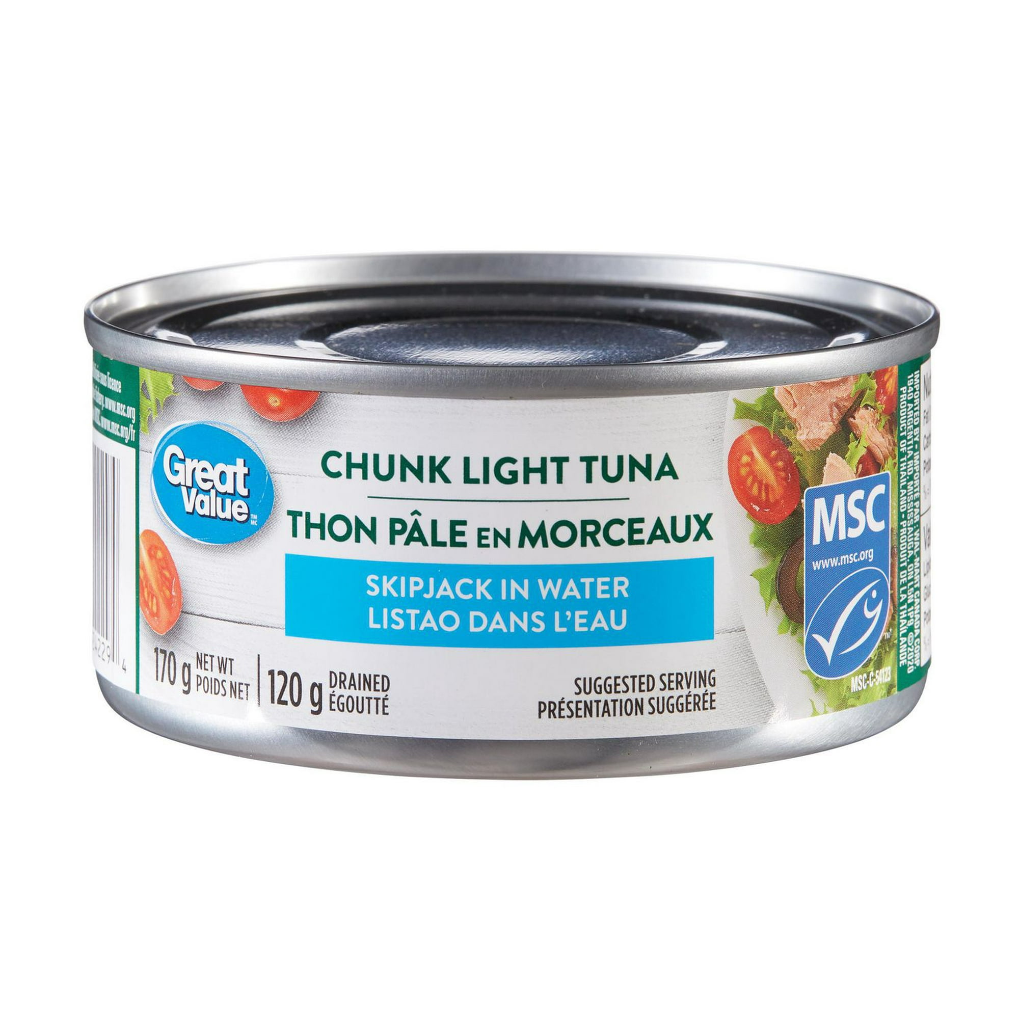 Great Value Chunk Light Tuna, 170 g (120 g drained), Skipjack in Water -  Walmart.ca