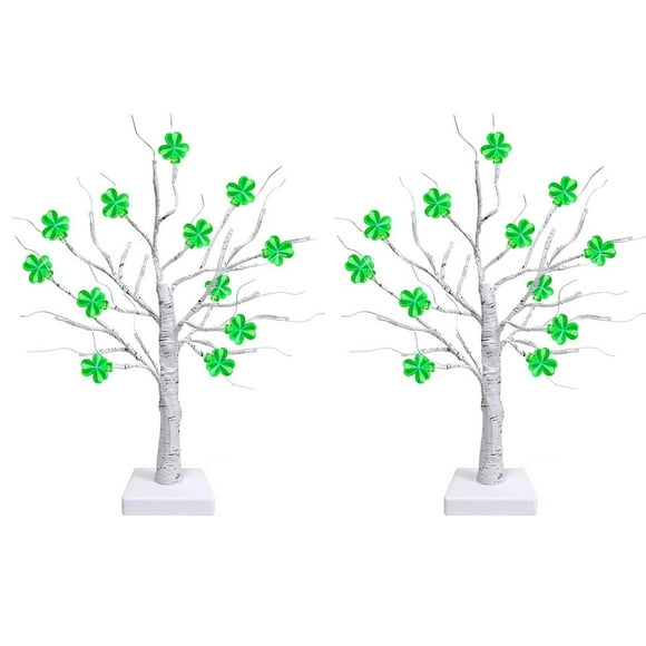 Eky St. Patrick's Day Decorations,2 Pack 18 Inch St Patricks Day Tree Tabletop Lighted Birch Tree with Green Lights Shamrock Berries Battery Operated St. Patrick's Day Decor Home Party