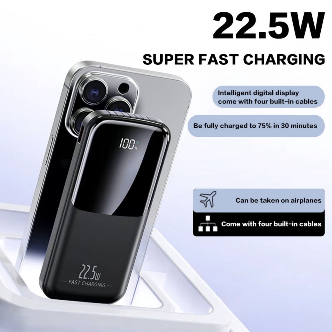 Entronix 3-in-1 Power Bank with Built-In Cables, 20000 mAh Portable Charger 22.5W Digital Display, Black