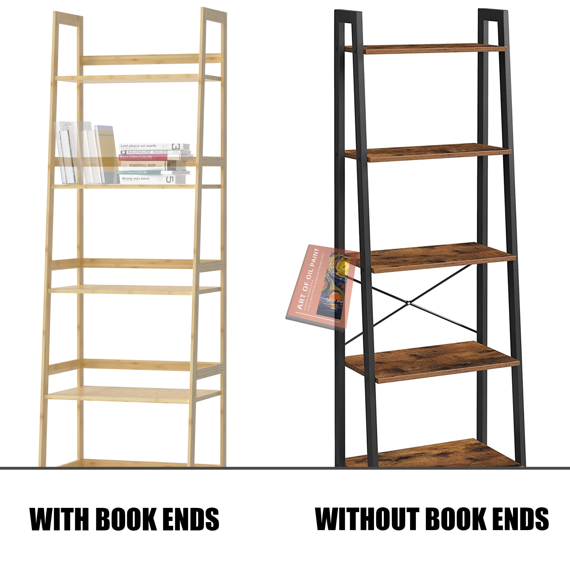 Kadyn 5-shelf Ladder Bookcase, Plant Flower Stand, Freestanding Bamboo Frame Storage Rack Shelf, Wood Color