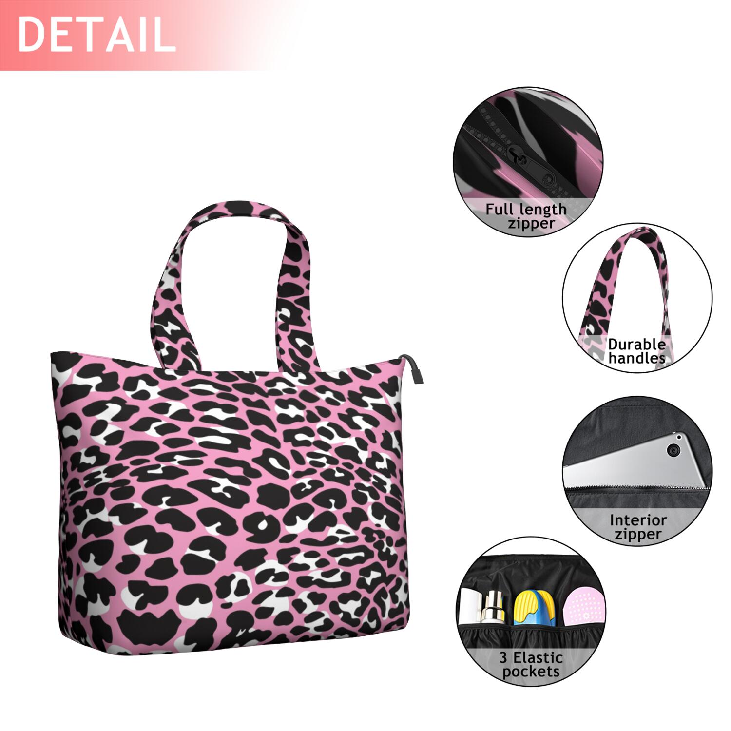 Pink and Black Of Leopard Print Travel Tote Bags for Women Carry On,Large Weekender Bags for Women Travel,Multi Functional Duffle Bag for Work,Shopping,Sports