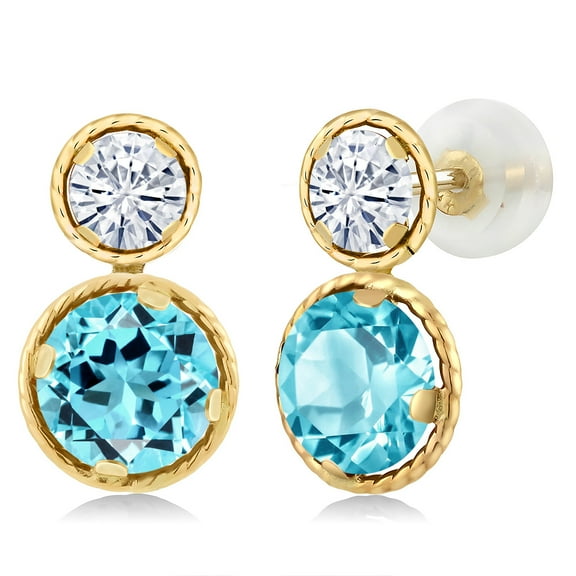 Gem Stone King 14K Yellow Gold Swiss Blue Topaz and Near Colorless (GH) Moissanite Earrings for Women (2.46 Cttw, Gemstone November Birthstone, Round Cut 6MM and 4MM)