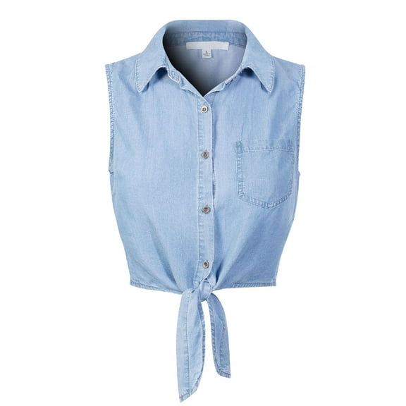 Made by Olivia Women's Sleeveless Button-Down Tie Front Knot Crop Chambray Shirt