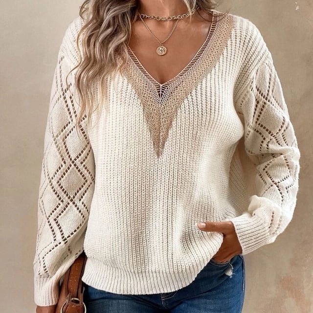 Suéter de cuello en V de primavera y otoño europeo y americano, suéter informal holgado para mujer