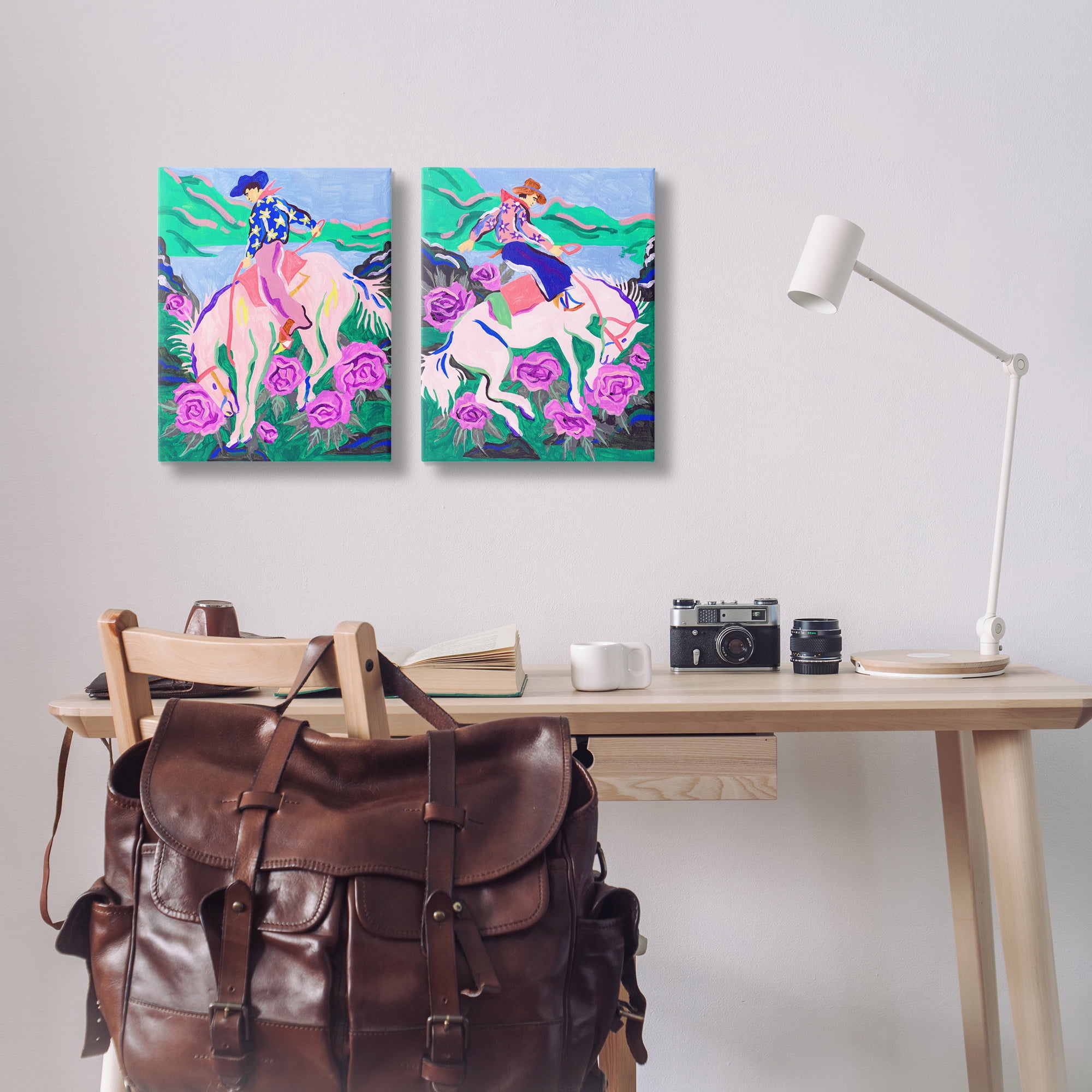Stupell Industries Vivid Rearing Cowboys Entertainment Painting Wrapped Canvas Art Print Wall Art, 16 x 20, Set of 2