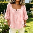 thumbnail image 2 of Edvintorg Plus Size Womens Tops Plaid Square Neck Casual Pullover Shirt Lightweight 3/4 Sleeve Loose Blouse with Button Clothes Women Pink XXL, 2 of 5