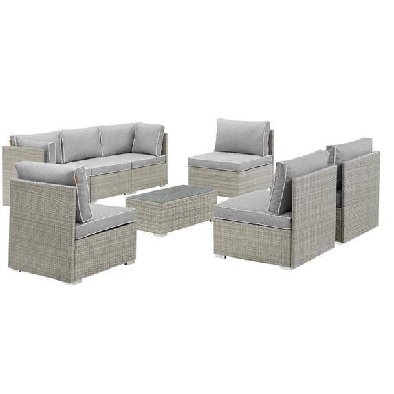 Modern Contemporary Urban Outdoor Patio Balcony Garden Furniture Lounge Sectional Sofa and Table Set, Sunbrella Rattan Wicker, Grey Gray