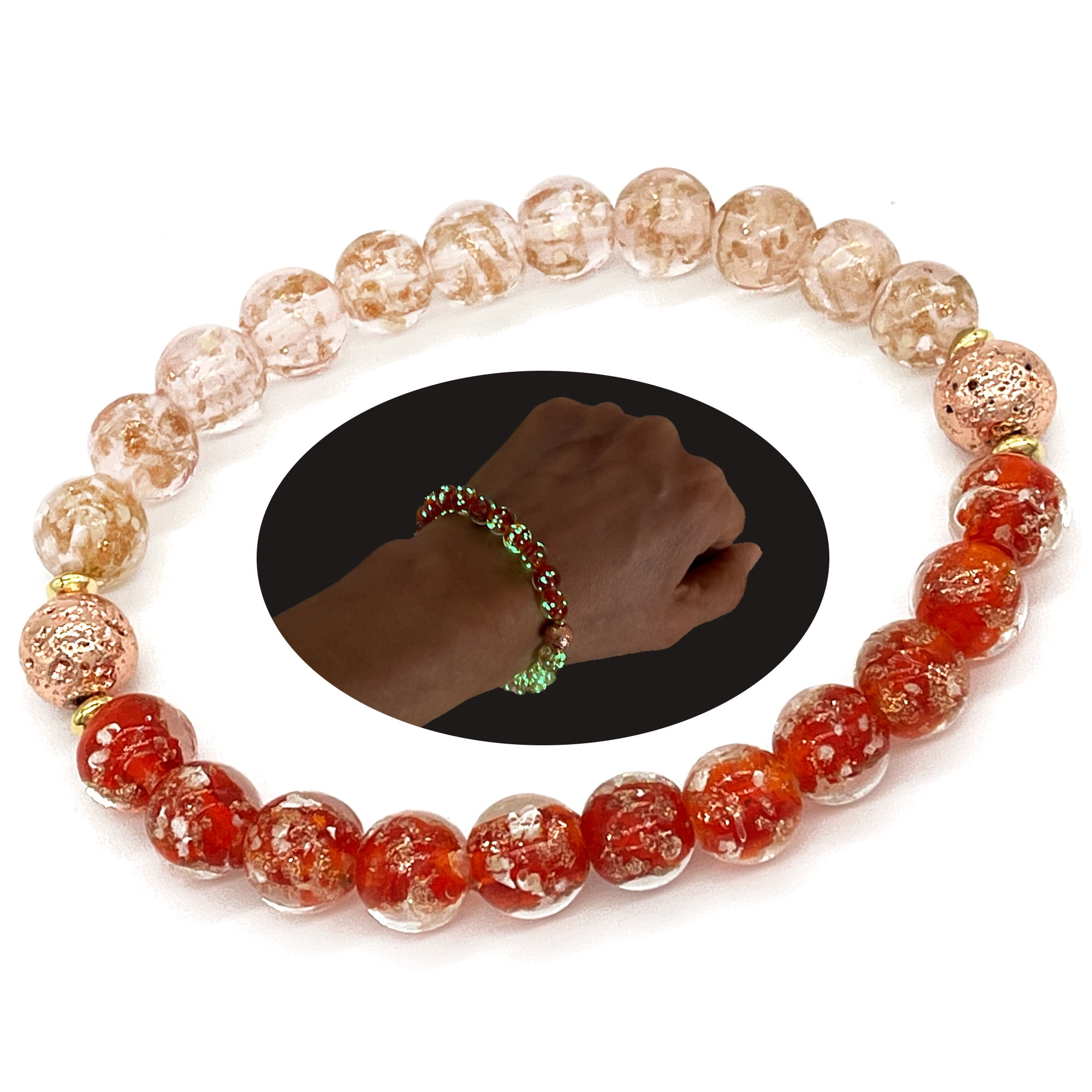 ARTSY Crafts Glow in The Dark Beads Bracelet 7-8, European Lampwork Pink &  Gold Bead Bracelet, Luminous Beads Anxiety Stress Relief Healing Crystal