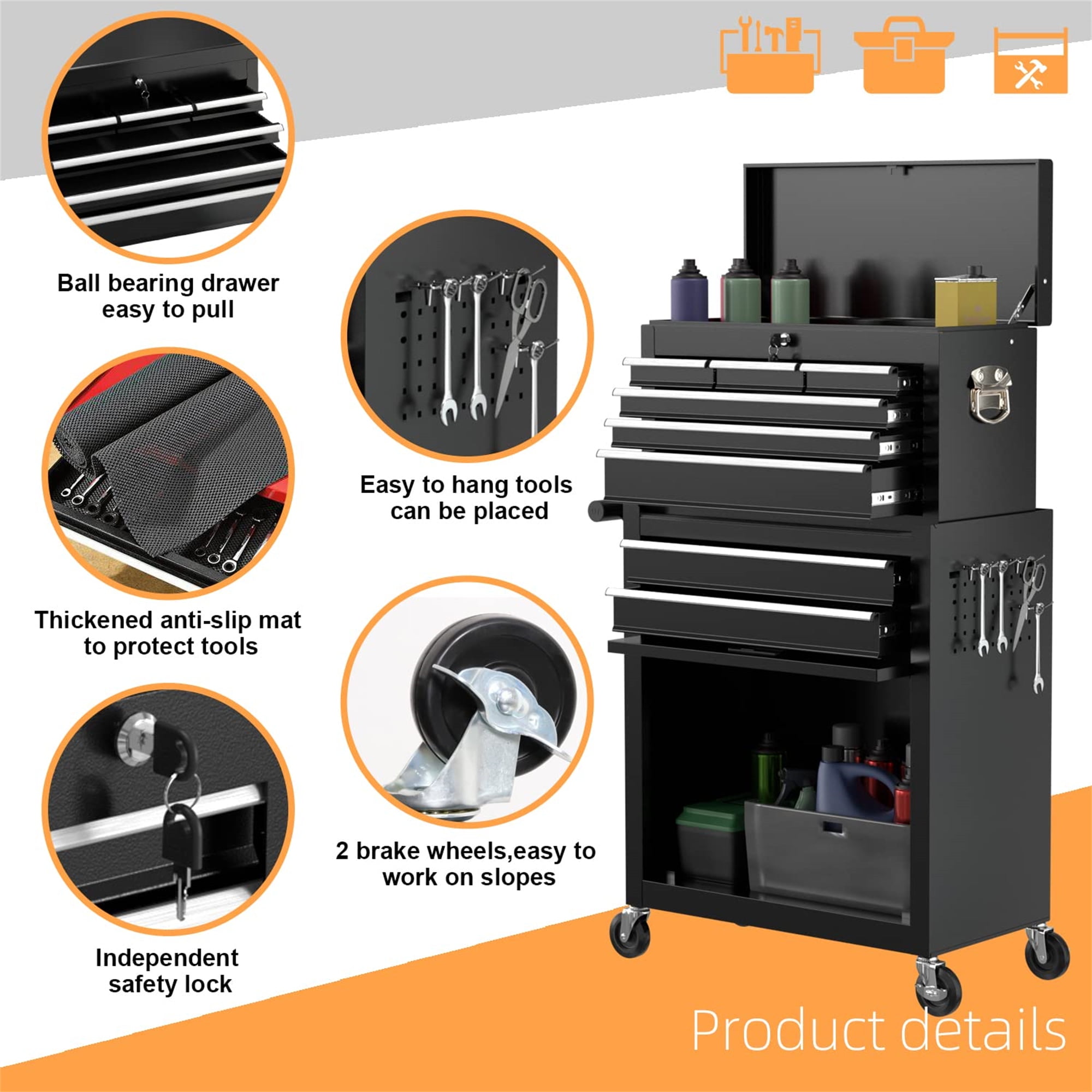 Aukfa Tool Box, 2 in 1 Steel Rolling Tool Chest & Cabinet On Wheels for Garage, 8-Drawer, Black