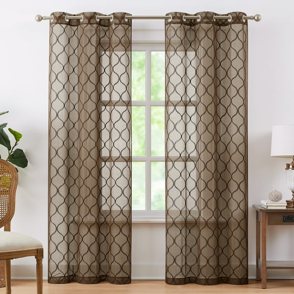 Pinewave Brown Sheer Curtains 63 inch 2 Panels Embroidered Geometric Light Filtering Drapes Grommet Top W38 xL63 x2