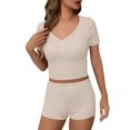 thumbnail image 2 of PNTUTB Women's Solid Color V Neck Slim Short Sleeve Cropped Top with Stretch Shorts Casual Activewear Set, 2 of 6