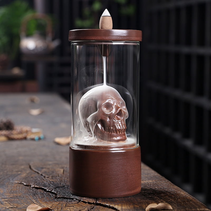 Backflow Incense Holder, Ceramic Waterfall Skull Incense Burner with Incense Cones and Windproof Acrylic Hood, for Halloween/Aromatherapy/Yoga/Home Deco
