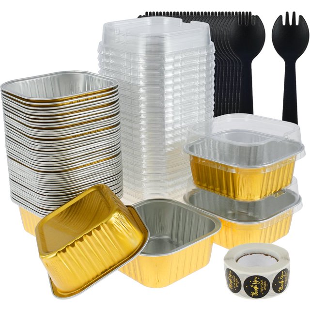 50Pcs Aluminum Foil Baking Cups with Lids and Spoons 5oz Square Ramekin Pudding Baking Liner Cupcake Muffin Liners Cups