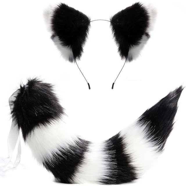 Juego de Orejas y Cola de Mapache Lobo Gato YONGSHENG Blanco Negro