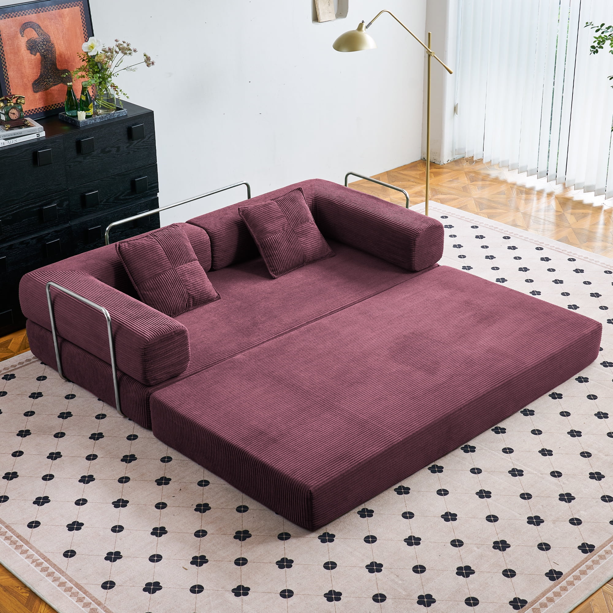 YINIX 81.6"  Convertible Sleeper Sofa Bed with 2 Pillows, Removable Floor Sofa Couch for Living Room Small Spaces, Red