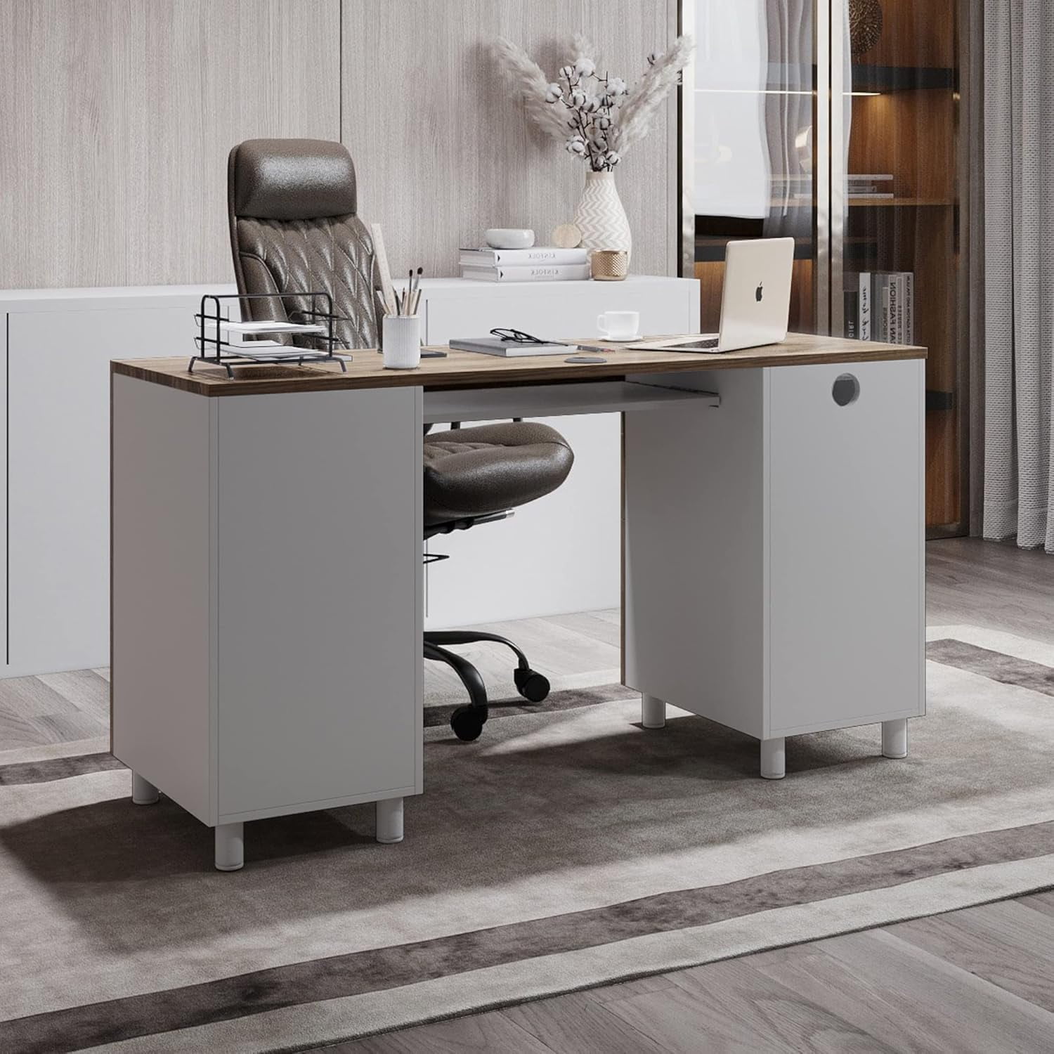 Modern Design Venice Computer Desk Great for Home Office Desk by Crafts and Comfort - 3 Drawers and CPU Storage Cabinet - Laptop Workstation with Keyboard Tray and Cable Hole - Walnut / White