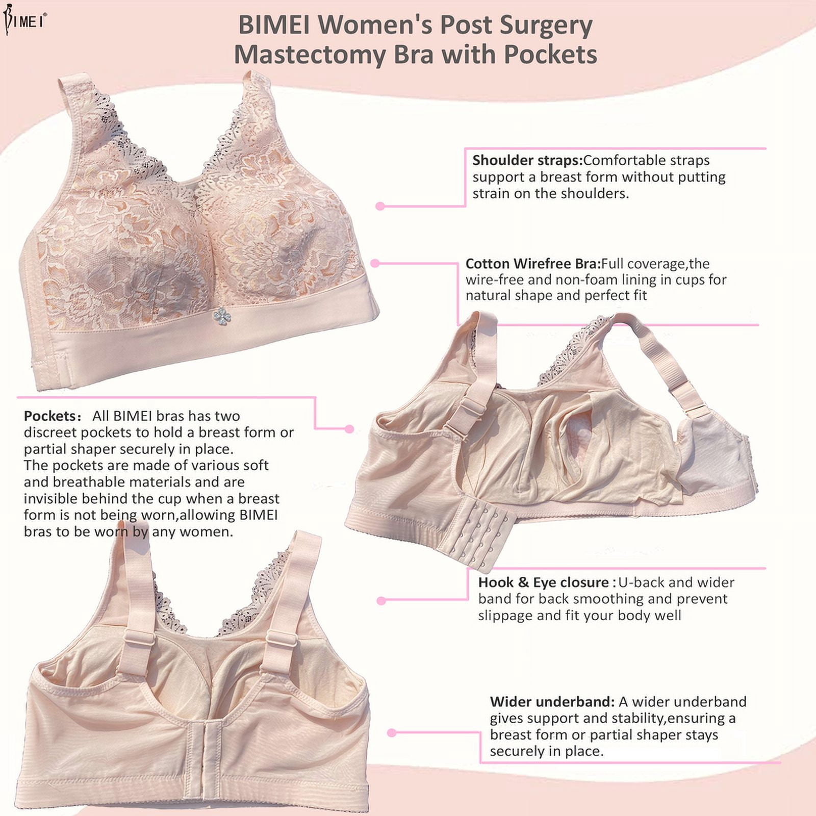 BIMEI Women Mastectomy Bra Breast Prosthesis with Pockets Wirefree Comfort Everyday Bra 2425,Pink,36B/C/D/E