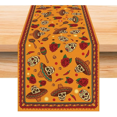 

Mexican Day of The Dead Linen Table Runner Dia De Los Muertos Sugar Skull Table Runners for Dining Table Halloween Decorations