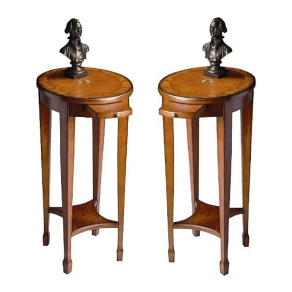Home Square Traditional Round Accent Table in Olive Ash Burl - Set of 2