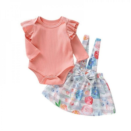 

Promotion!2Pcs Infant Baby Girls Solid Color Long Sleeve Rompers Jumpsuit + Floral Print Skirts Girl Princess Outfits Set Infnat Clothing