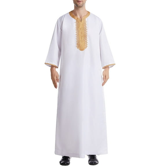 Clearance! Borniu Thobe,Robe for Men, Muslim Robe Arab Middle Robe Long Style 8/4 Sleeve Embroidered Standing Neck Pocket Long Shirt Fashion Casual Robe Muslim Clothes for Men Clearance
