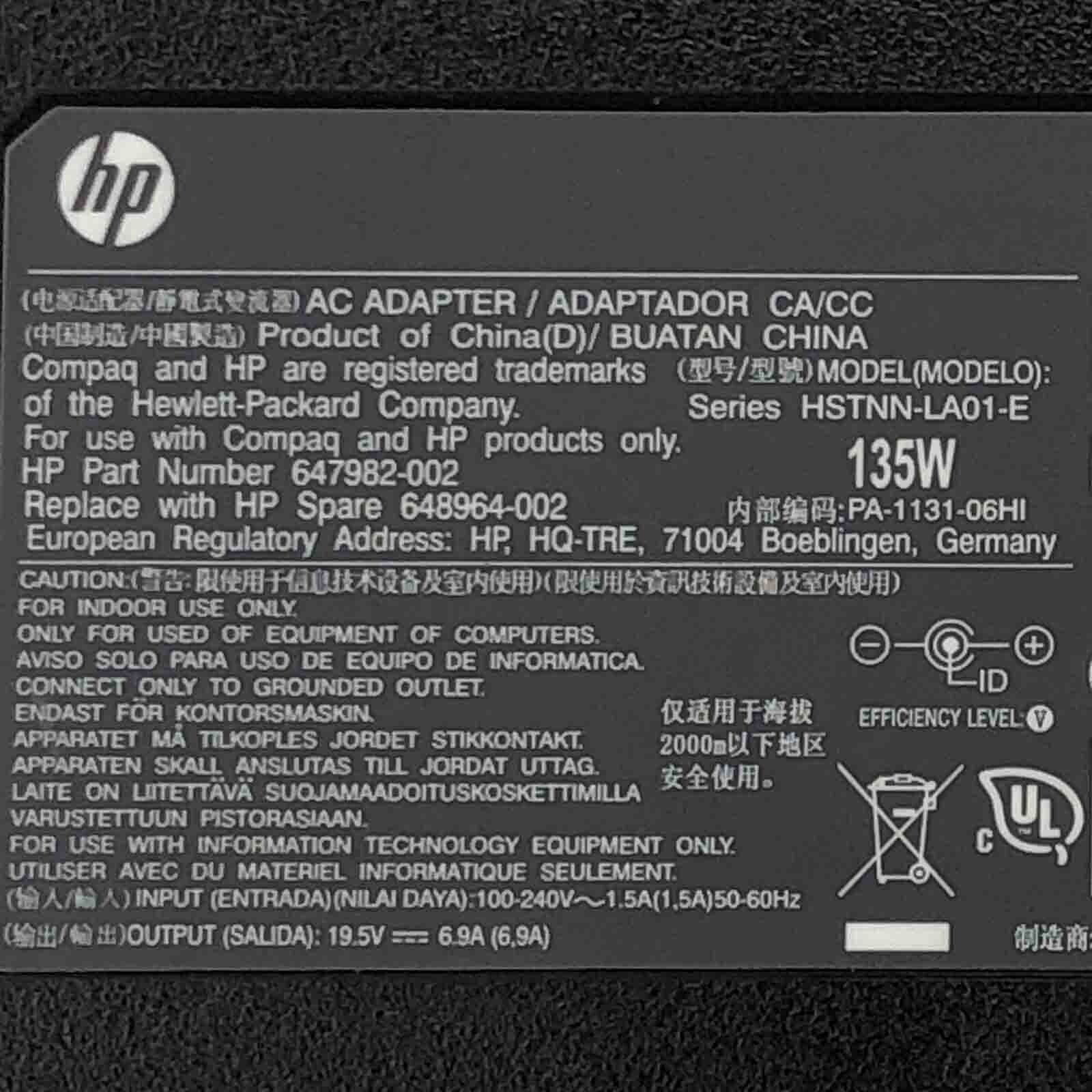 HP 135W AC Adapter 19.5V 6.9V Model HSTNN-LA01-E 647982-002