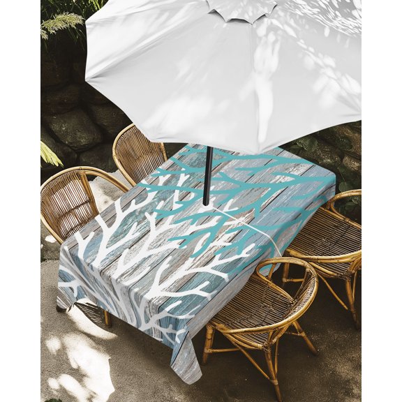 Outdoor Tablecloth with Umbrella Hole, Marine Life Blue Corals Zippered Table Cloth for Rectangle Tables, Country Wood Board Washable Waterproof Tablecloths for Picnic Patio Garden