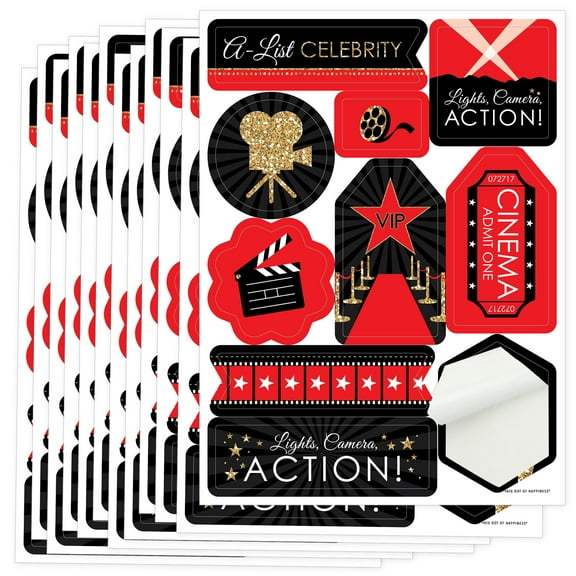 Big Dot of Happiness Red Carpet - Movie Night Party Favor Sticker Set - 12 Sheets - 120 Stickers