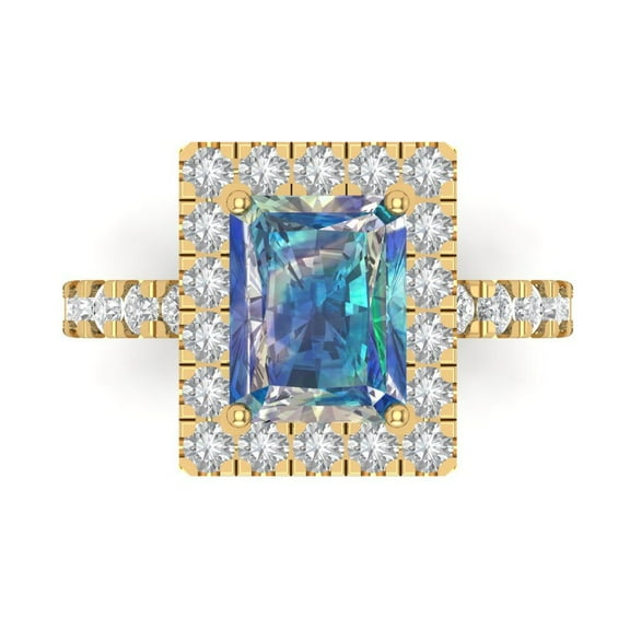 3.84ct emerald cut blue moissanite 14k yellow gold engraving statement Bridal Wedding halo Designer Ring size 7.5