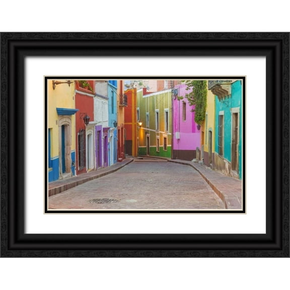 Paulson, Don 32x23 Black Ornate Wood Framed with Double Matting Museum Art Print Titled - Mexico, Guanajuato Colorful street scene
