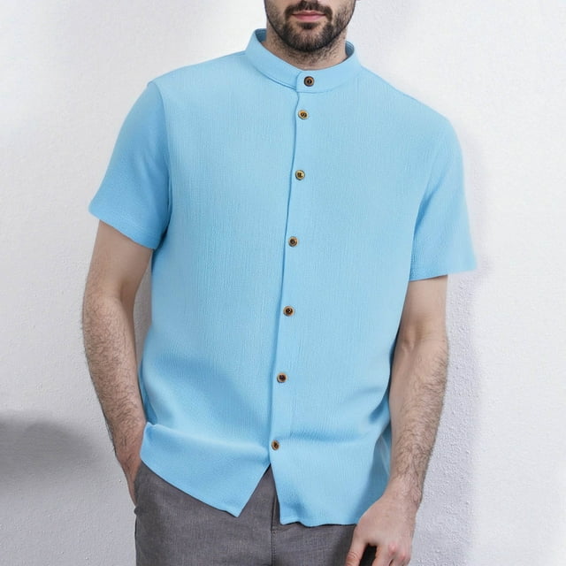 Playeras Elvqul para Hombre Casuales Azul Celeste Liso Manga Corta Cuello Mao Botones