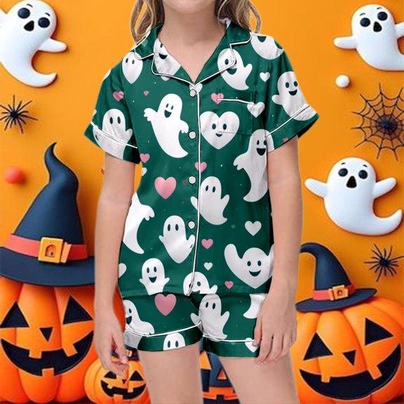 Outfit Sets for Girls Halloween Cute Trendy Print Silky Short Sleeve Shirt Shorts Loungewear 2 Piece Outfits Size 2-3Y