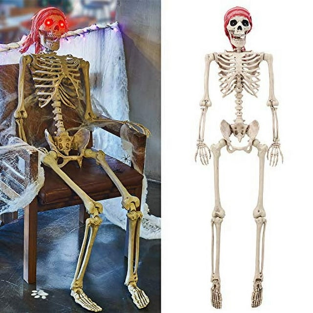 Esqueleto de tamaño real de 1,5 m de Yosager con ojos brillantes, huesos humanos realistas con articulaciones posables, ideal para decoración de Halloween