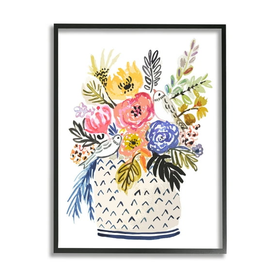 Stupell Birds Perched Fun Floral Blossoms Botanical & Floral Painting Black Framed Art Print Wall Art