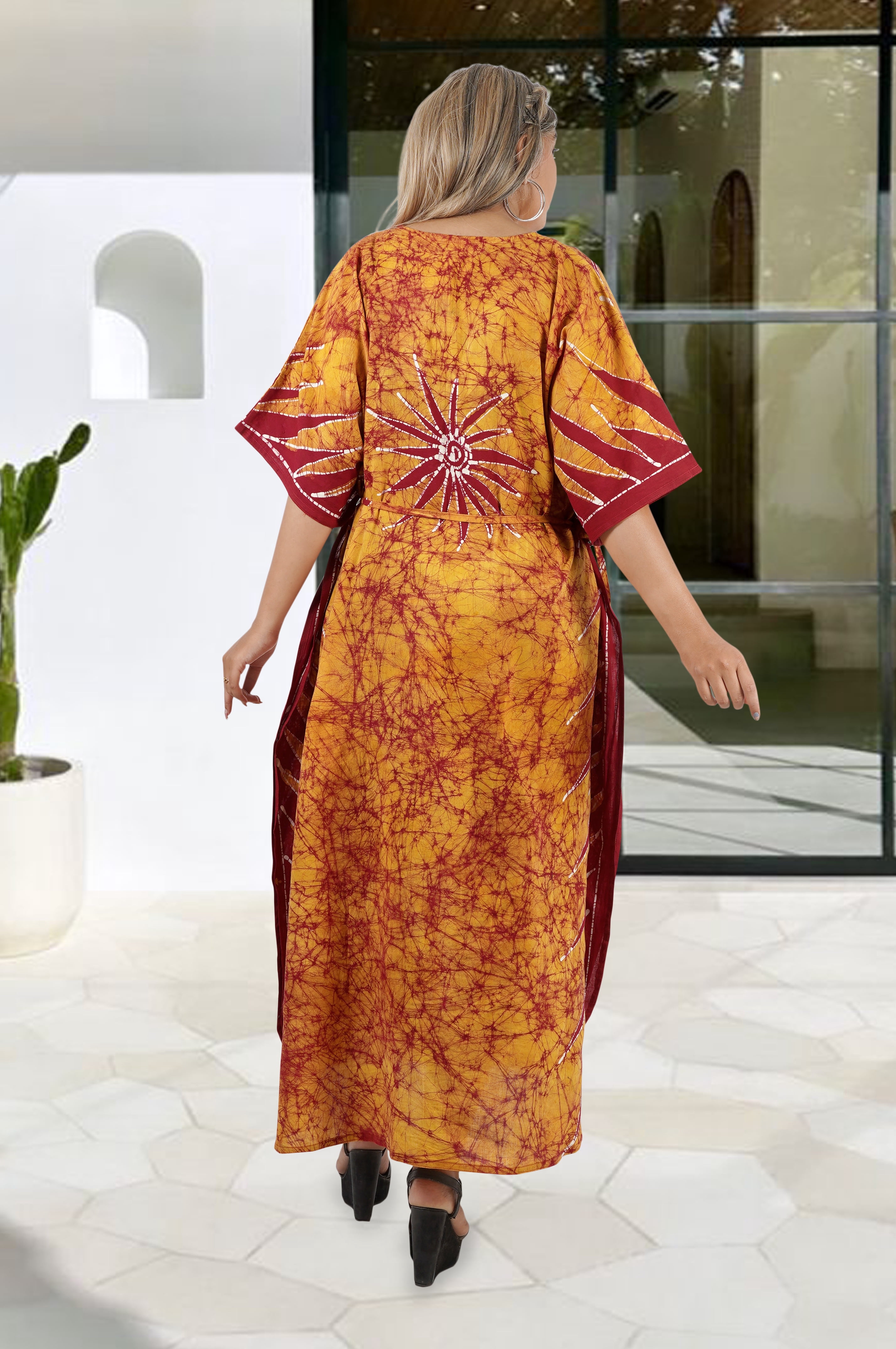 LA LEELA Women's Plus Size Caftan Dress - Handmade Batik Cotton, Floral Print, 58" Bust, One Size Fits 14-5X - View #3