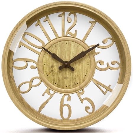 SANMADROLA Wall Clocks Battery Operated 12 Inch Silent Non Ticking Vintage Faux Wood Grain Cutout Decorative Clock for Home Decor Living Room Garden Farmhouse Office Kitchen Decoration