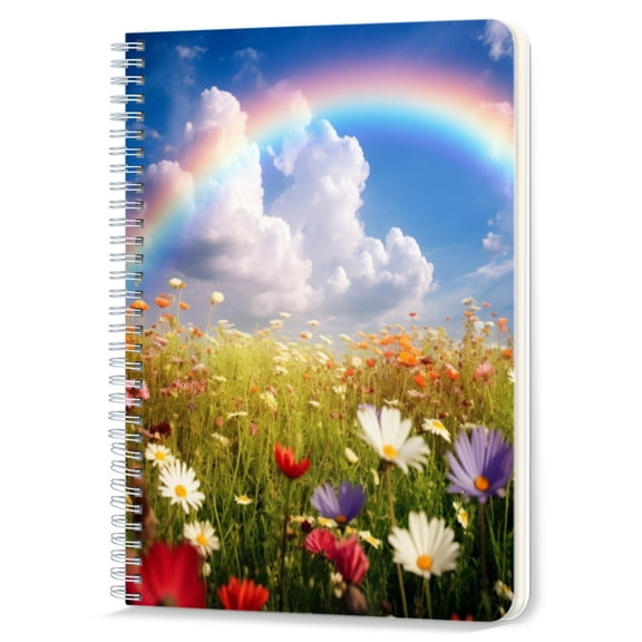 Spiral Notebook,Double-Wire Spiral College Lined Journal Notebook for Study and Notes,100 Pages,5.71x 8.26 in - Colorful Wildflower Field with a Rainbow