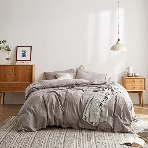 DAPU Linen Cotton Duvet Cover Set 55% French Linen 45% Cotton Duvet Cover with 2 Pillowcases with Button Closure (Gray/Linen Cotton, Full/Queen)