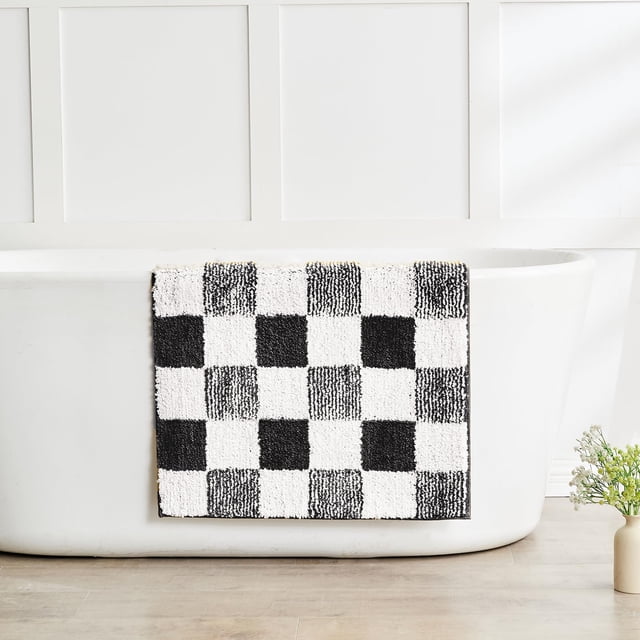Alfombra de baño CozCube de microfibra negra a cuadros antideslizante