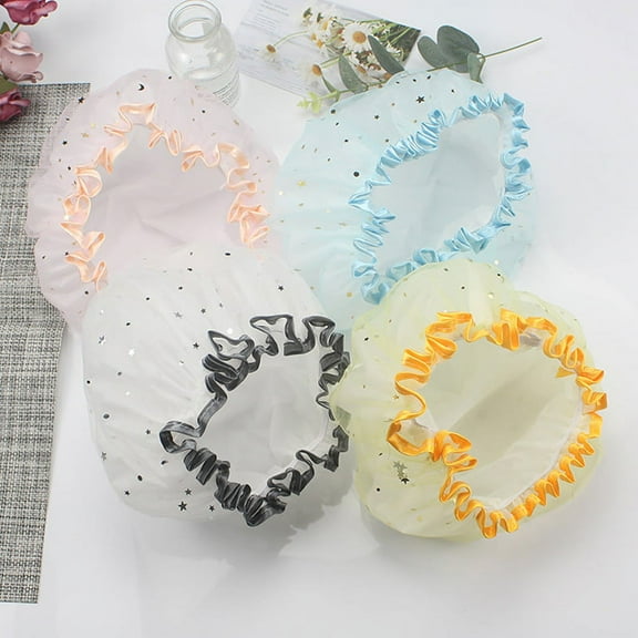 Visland 4PCS Waterproof EVA Plastic Shower Cap Elastic Reusable Bathing Hair Cap Beauty Salon Spa Shower Caps Lace Elastic Band Flower Printed Hat Environmental Hair Bath Caps