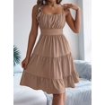 thumbnail image 5 of Women's Square Neck Spaghetti Strap Tiered High Waist Flowy Casual Mini Dress Khaki S, 5 of 10
