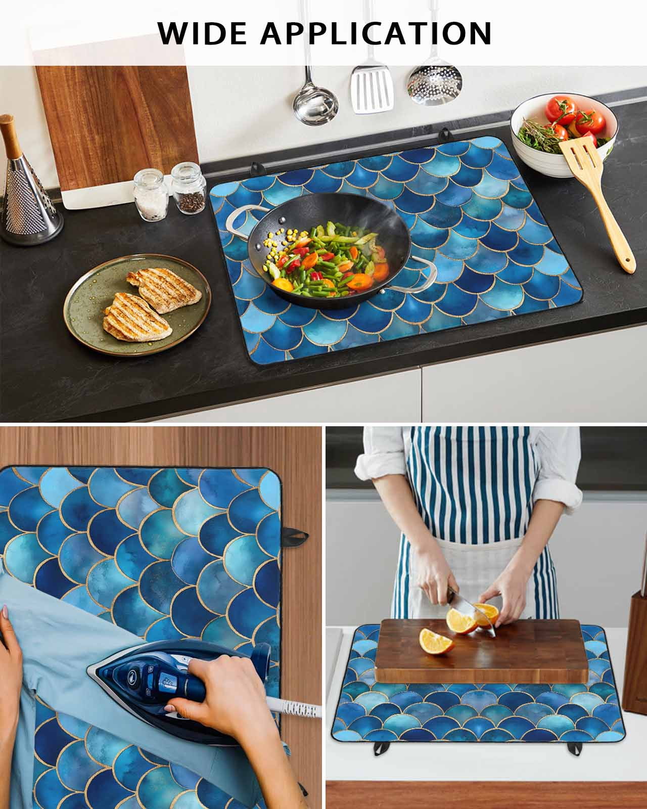 nqOlkjepod Large Induction Cooktop Protector Mat 36"x21", Blue Ombre Scale Stove Top Covers for Electric Stove, Abstract Art Ocean Coastal Decorative Stove Burner Cover Mats, Glass Top Stove Cover