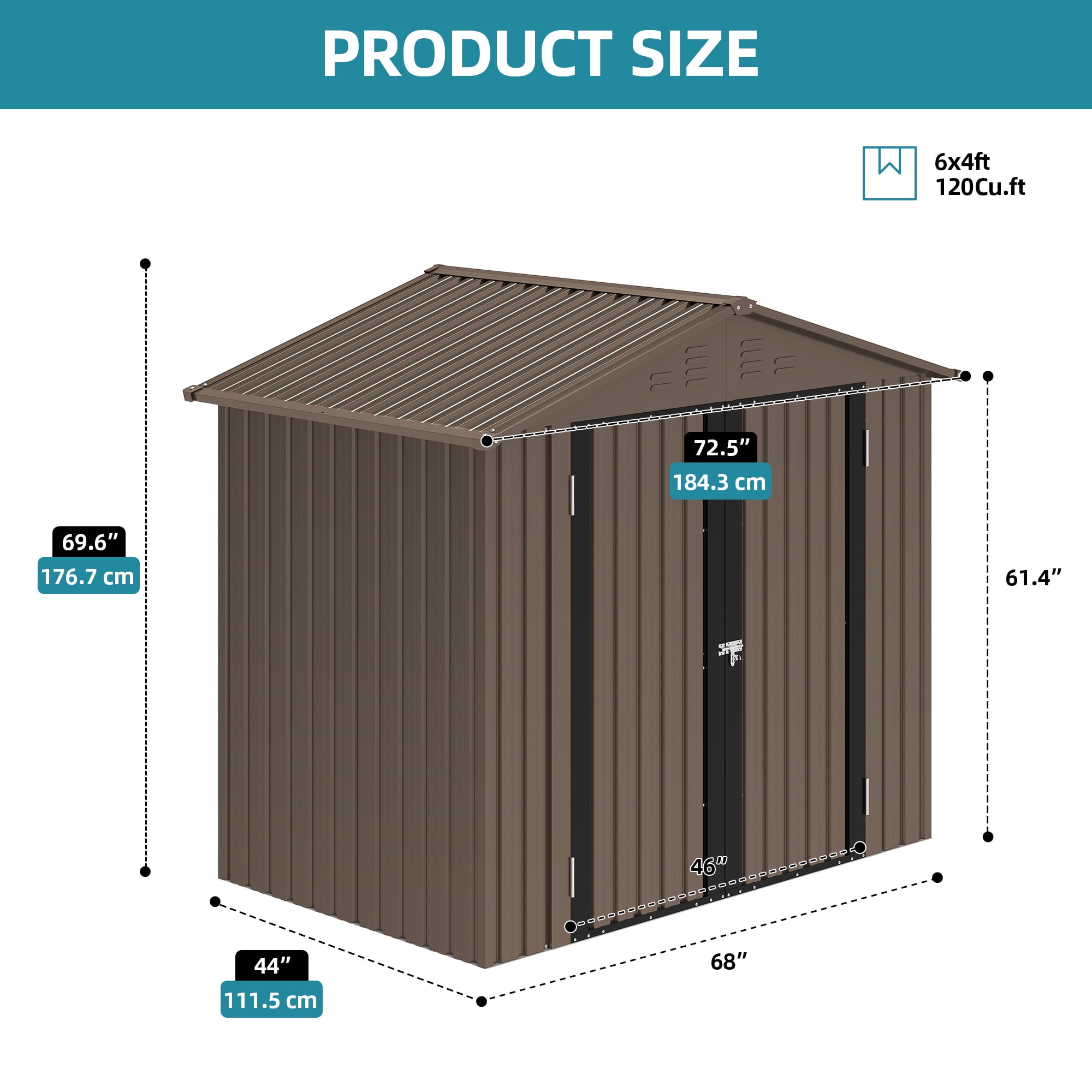 Uforic 6x4ft Metal Outdoor Storage Shed, Lockable and Waterproof with Gable Roof & Vents, Brown