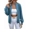 thumbnail image 2 of Women'S Long Sleeve Zippered Cardigan Sweater Crew Neck Top Zippered Knitted Jacket Blue S, 2 of 10