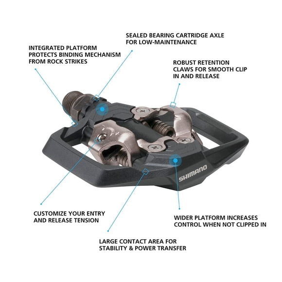 Shimano dual-sided SPD pedal, perfect for cross country and trail riding. This pedal is ideally suited to tackle to track and ultra-technical descents with control and confidence. The large integrated