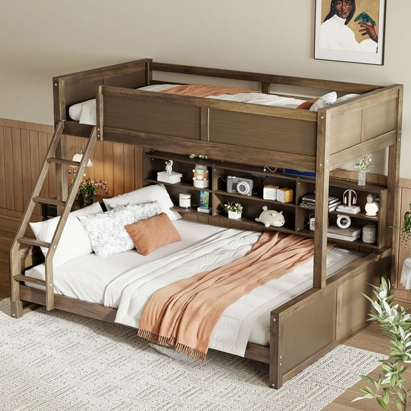 Harper & Bright Designs Twin XL over Queen Bunk Bed with Storage Shelves, Solid Wood Bedframe with Cabinets & USB Ports, Wood