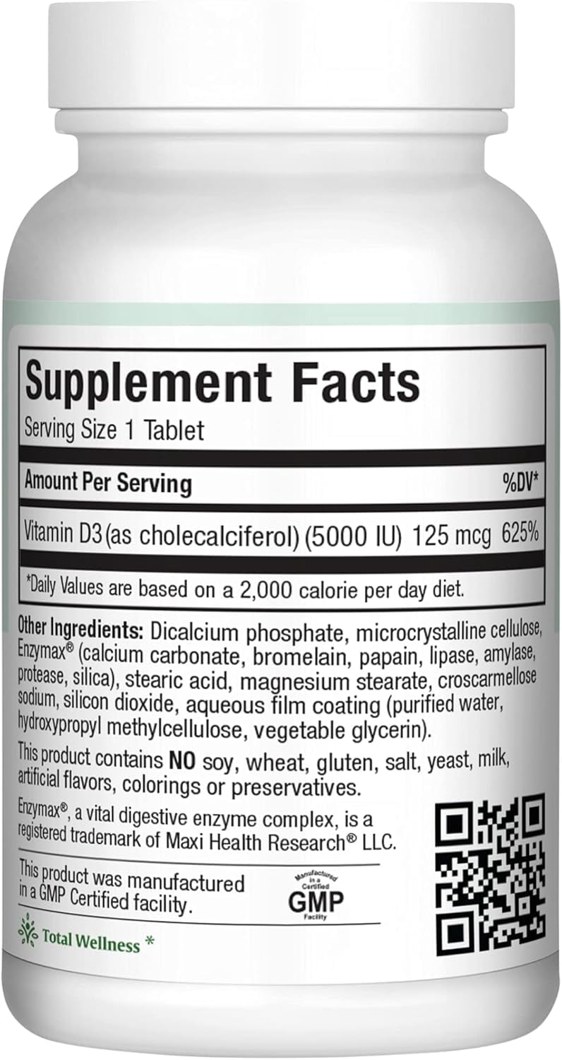Maxi Health Vitamin D3 5000 IU (125 Mcg) – Bone & Immune Support – High Potency – 180 Tablets – Kosher