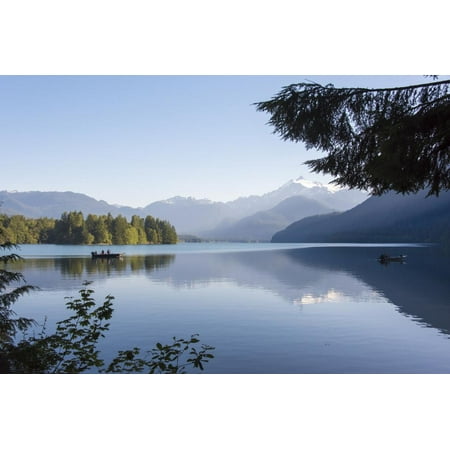 USA, Washington State. Morning calm Baker Lake under Mt. Shuksan. God Rays and two fishing boats Print Wall Art By Trish